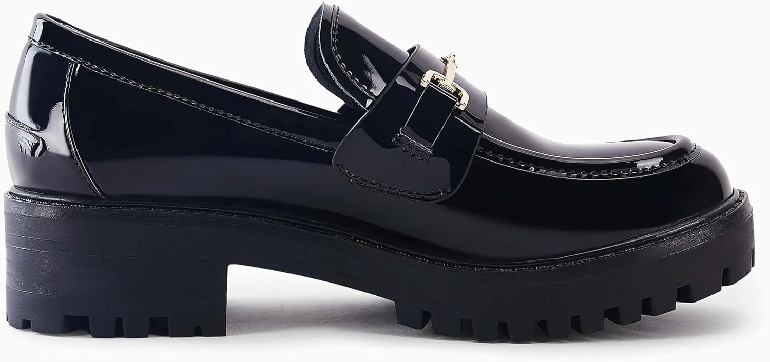 VETASTE Womens Lug Sole Platform Mid Chunky Heel Loafers Classic Round Toe Slip On Office Uniform Oxfords Shoes with Metal Chain