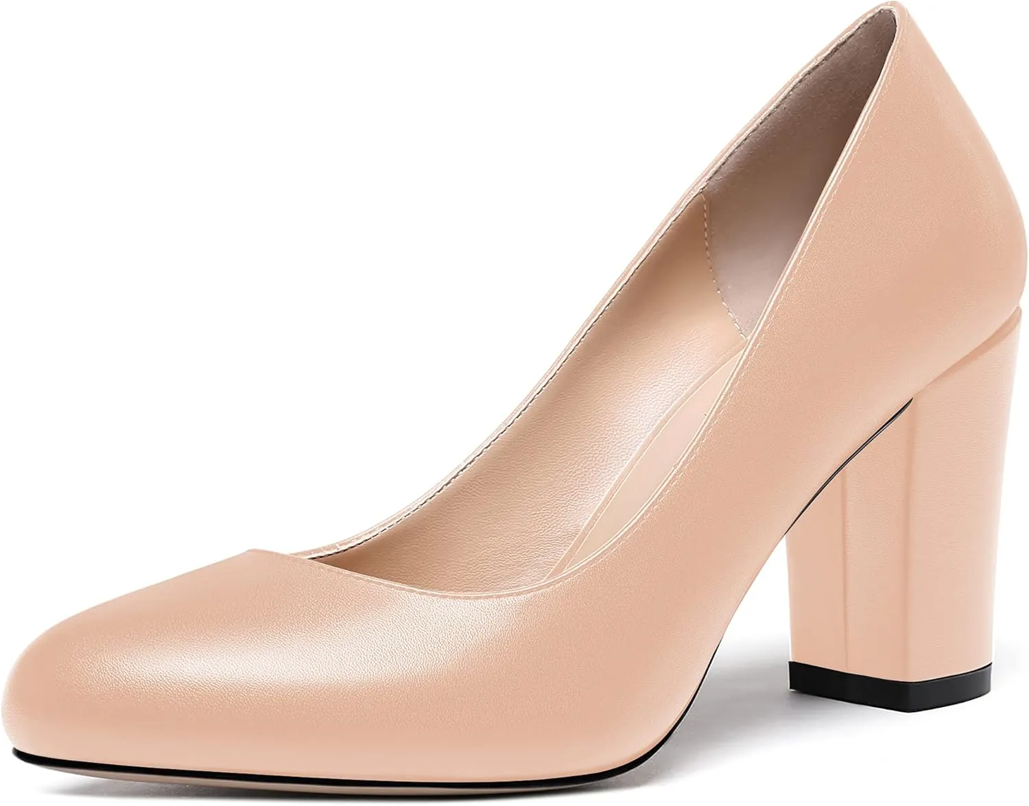 WAYDERNS Women's Thick Matte Solid Round Toe Slip On Block High Heel Pumps Shoes 3.5 Inch