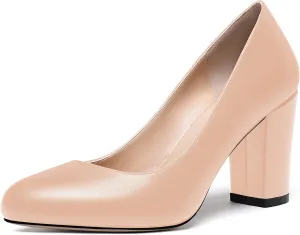 WAYDERNS Women's Thick Matte Solid Round Toe Slip On Block High Heel Pumps Shoes 3.5 Inch