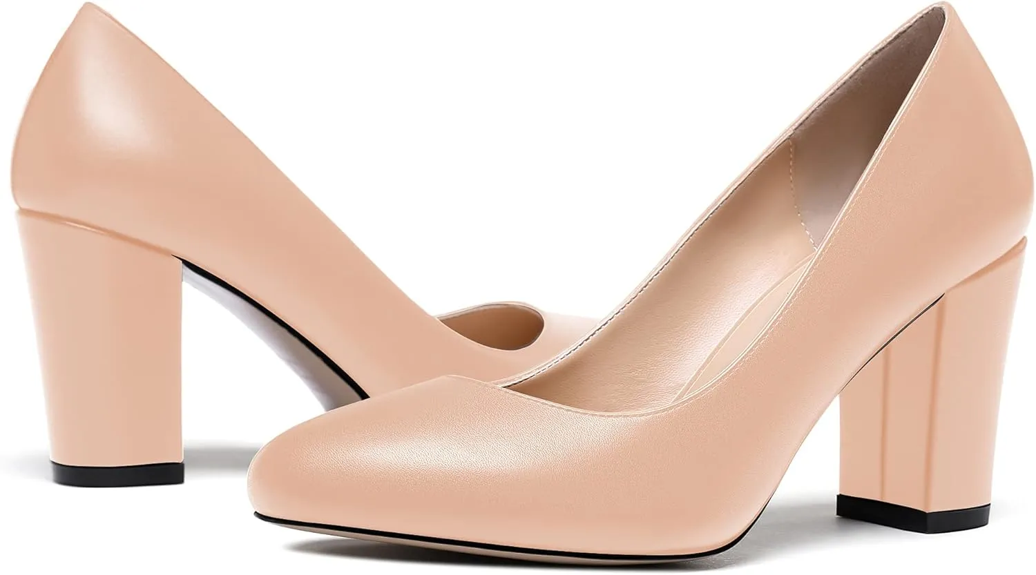 WAYDERNS Women's Thick Matte Solid Round Toe Slip On Block High Heel Pumps Shoes 3.5 Inch