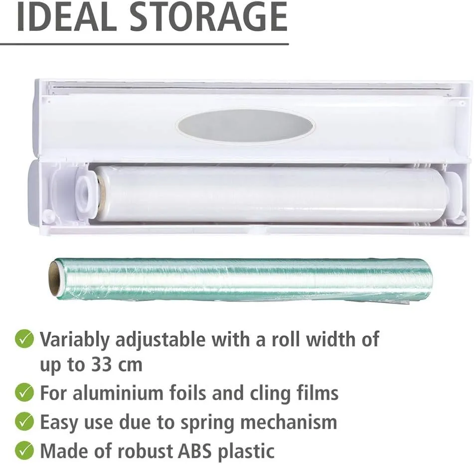 WENKO Plastic Wrap Dispenser with Cutter, Saran Film Holder, Refillable Aluminum Foil Wrap Dispenser with Slide Cutter for Kitchen Organization, 14.96 x 2.05 x 2.64 in, White