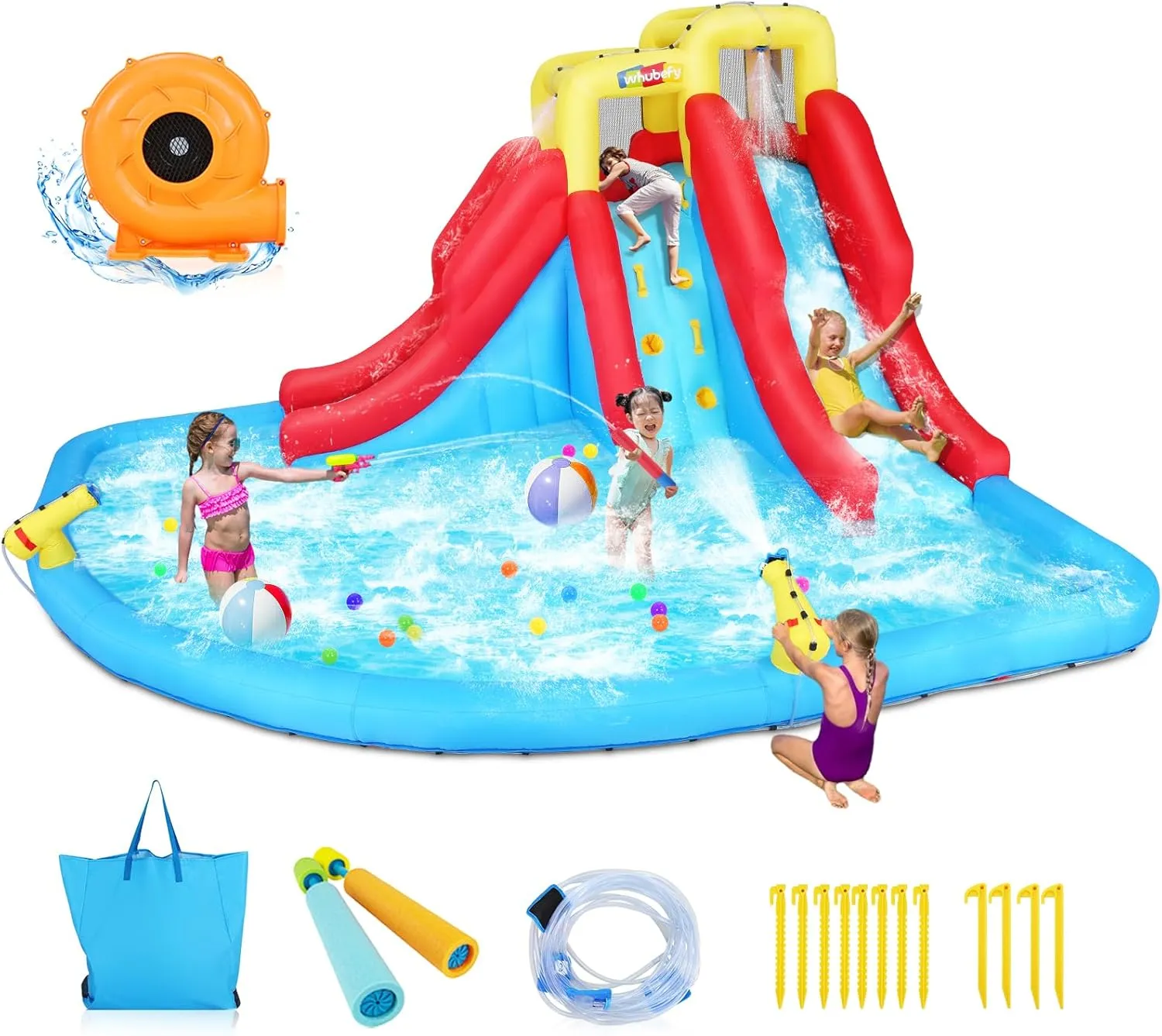 Wesoky Inflatable Water Slides for Kids, 10 in 1 Inflatable Bounce House Water Park w/Blower,2 Water Guns,2 Water Blasters,Climbing,Splash Pool,Double Sprinkler Blow Up Waterslides for Kids Backyard