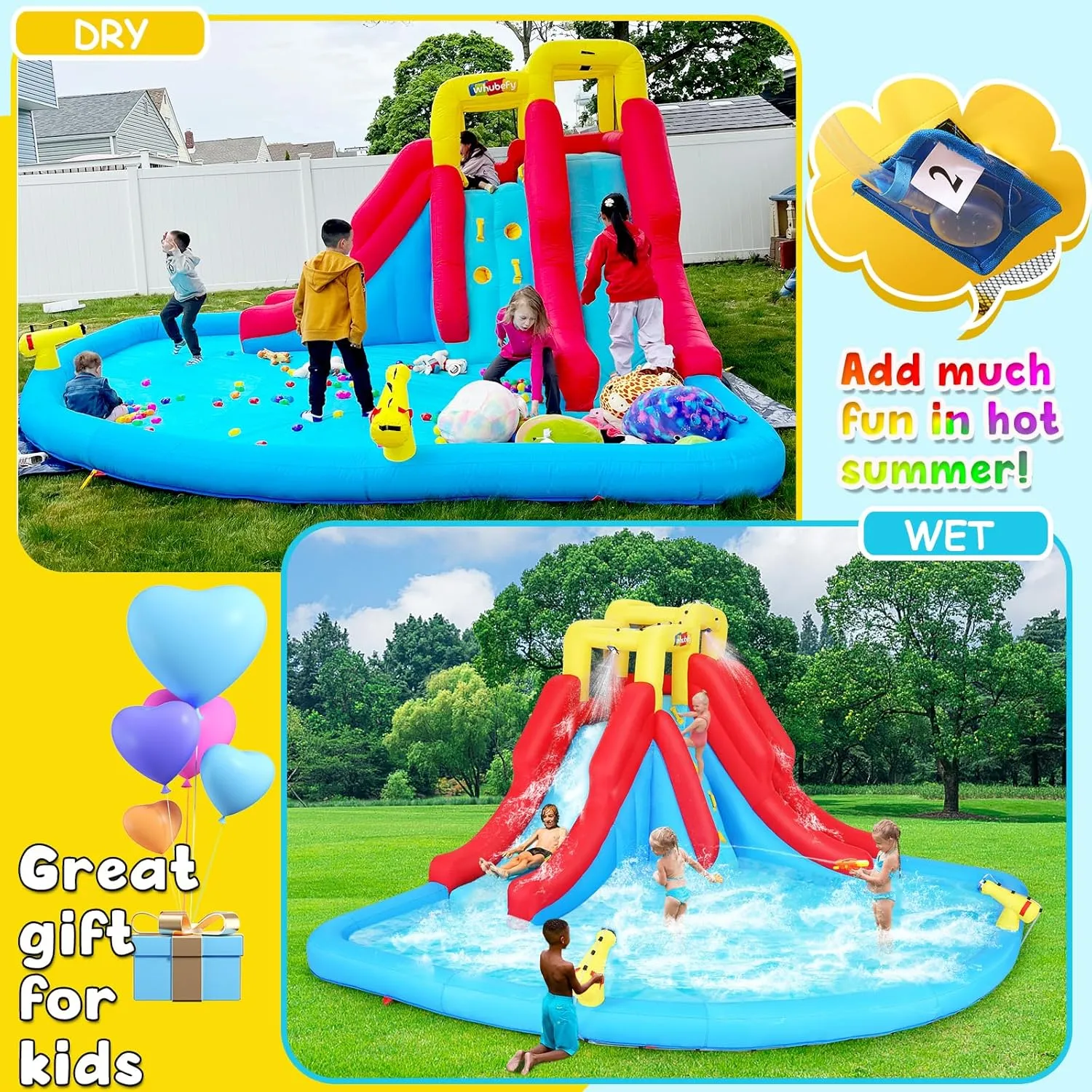 Wesoky Inflatable Water Slides for Kids, 10 in 1 Inflatable Bounce House Water Park w/Blower,2 Water Guns,2 Water Blasters,Climbing,Splash Pool,Double Sprinkler Blow Up Waterslides for Kids Backyard