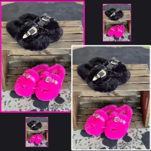 Western Buckle Fuzzy Slides