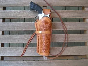 Western Quick Draw Gun Holster - 22 Caliber - Natural - Right Hand - Single Action - Size 6" - Tooled Leather