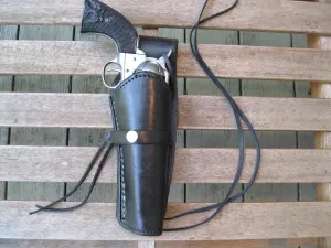 Western Quick Draw Gun Holster - Smooth Leather - 22 Caliber - Black - Right Hand - Single Action - Size 6"