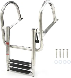 WFLNHB 3 Steps Pontoon Boat Ladder, Heavy Duty Stainless Steel, Folding Telescoping, Hand Railing, 600 lb Capacity, Silver