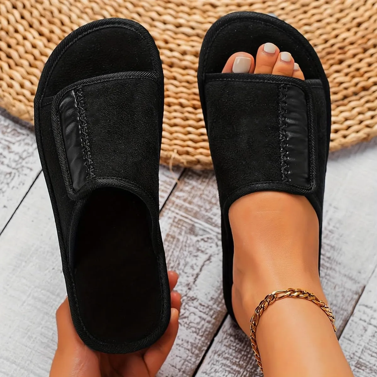 Women Genuine Suede Slippers for Indoor and Outdoor Slipper Fur Faux Shearling Memory Foam House Open Toe Spruce Slip On Cozy Breathable Shoes Comfortable Flats Sandals