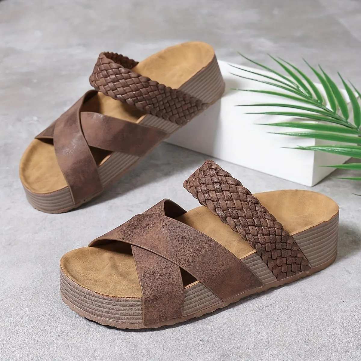 Women's Big Size Summer Braided Slide Sandals – Thick Sole Platform, Cross-Strap Design, Solid Colors, Comfy Open Toe
