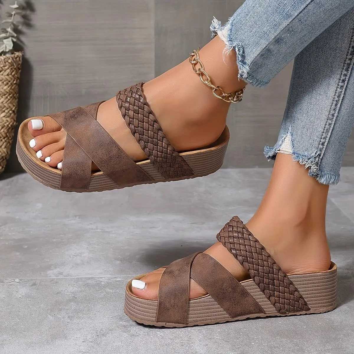 Women's Big Size Summer Braided Slide Sandals – Thick Sole Platform, Cross-Strap Design, Solid Colors, Comfy Open Toe