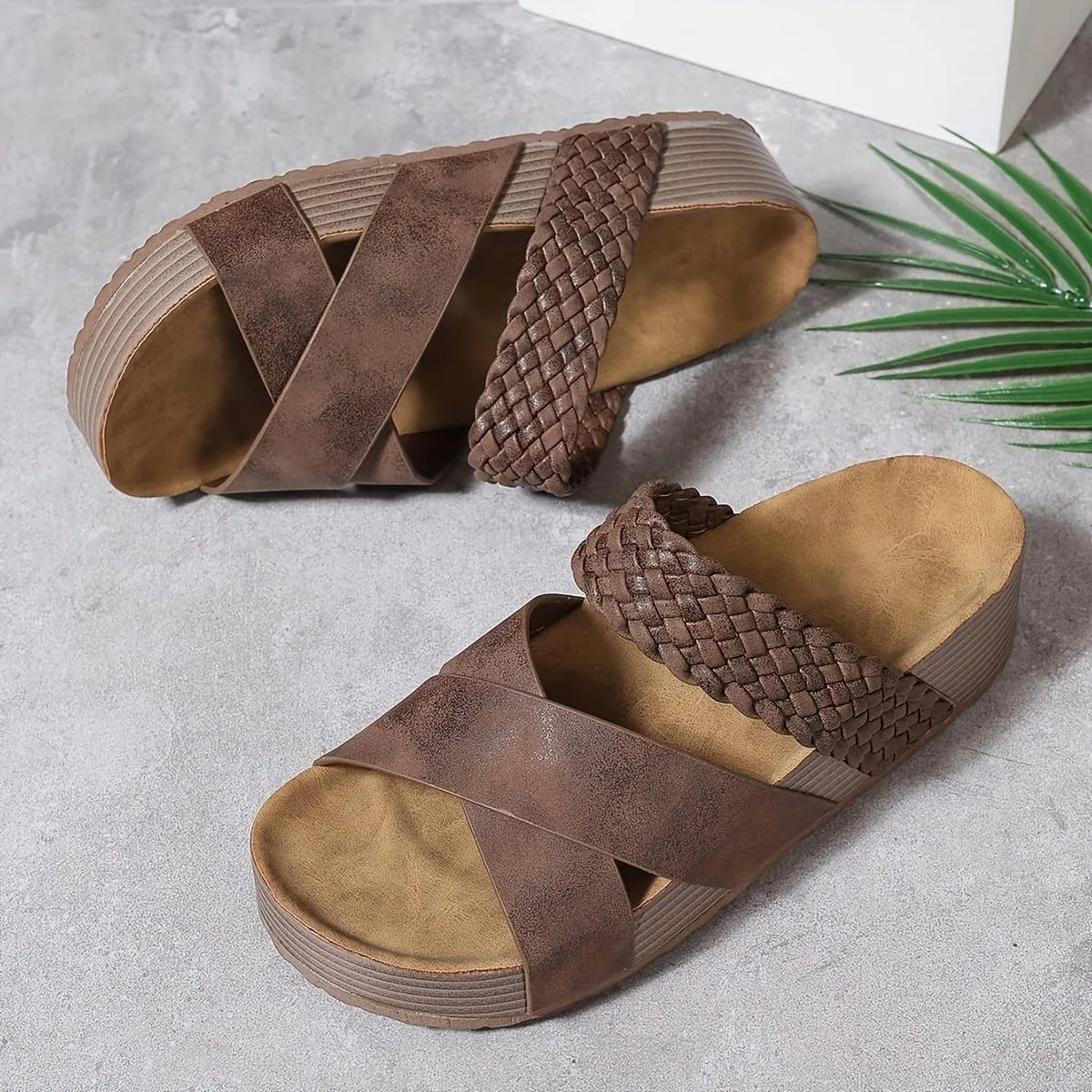 Women's Big Size Summer Braided Slide Sandals – Thick Sole Platform, Cross-Strap Design, Solid Colors, Comfy Open Toe