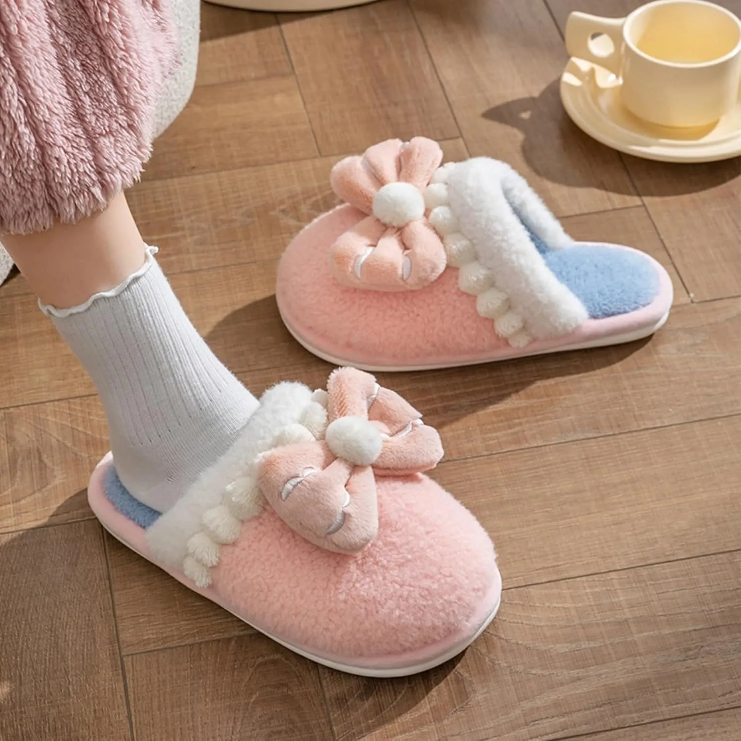 Women's Bow House Slippers Soft Fleece Plush Comfy Cotton Home Slippers with Bows Indoor Cute Bow Tie Slippers Cozy Slip On Slides Winter Warm Fuzzy Bedroom Slippers Shoes Non-Slip