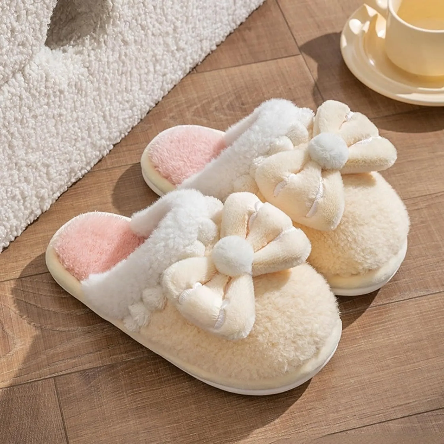 Women's Bow House Slippers Soft Fleece Plush Comfy Cotton Home Slippers with Bows Indoor Cute Bow Tie Slippers Cozy Slip On Slides Winter Warm Fuzzy Bedroom Slippers Shoes Non-Slip