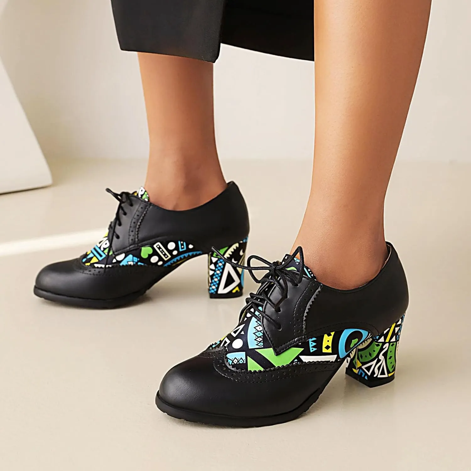 Women's Chunky Heels Oxfords Pumps Block High Heels Round Toe Lace Up Brogues Shoes