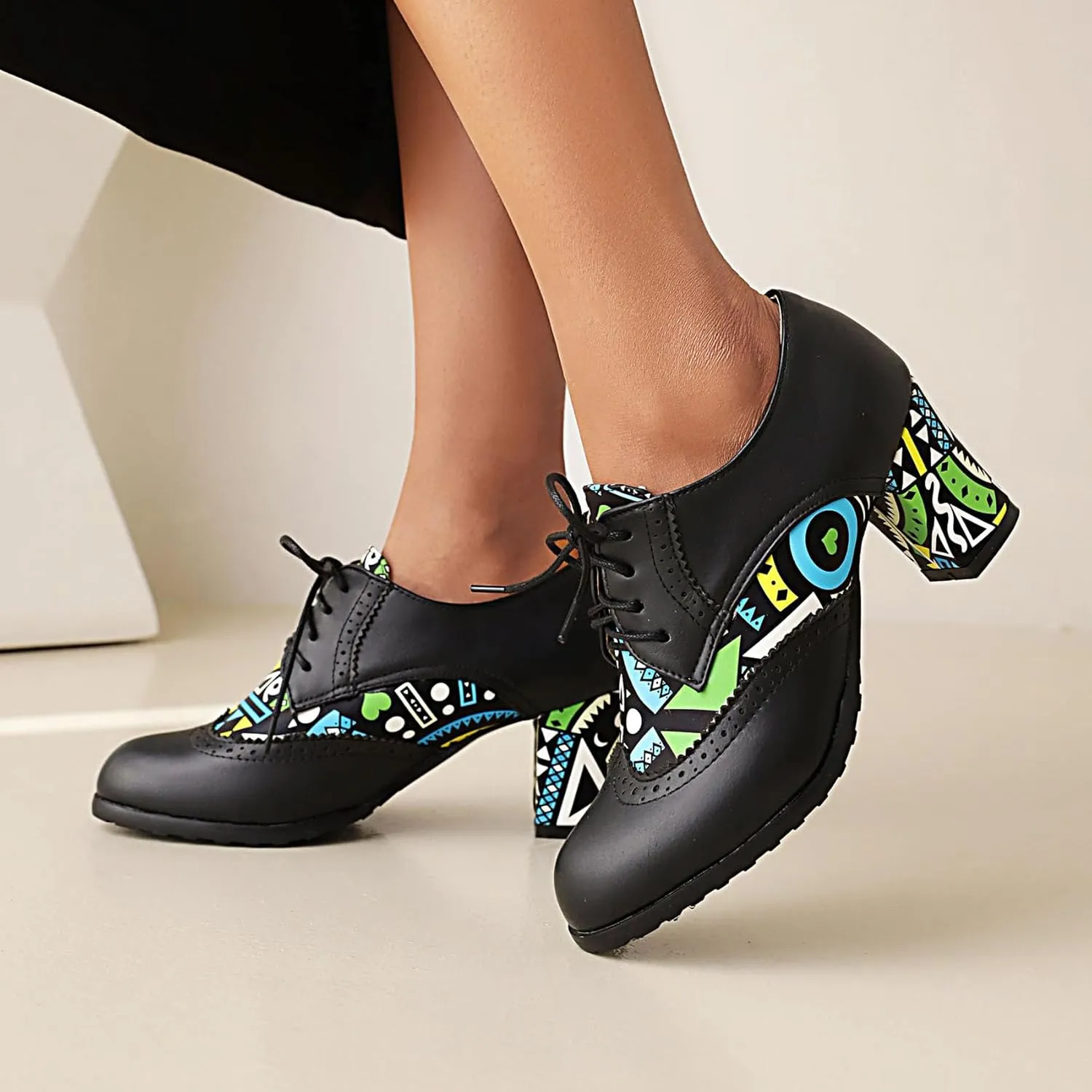 Women's Chunky Heels Oxfords Pumps Block High Heels Round Toe Lace Up Brogues Shoes