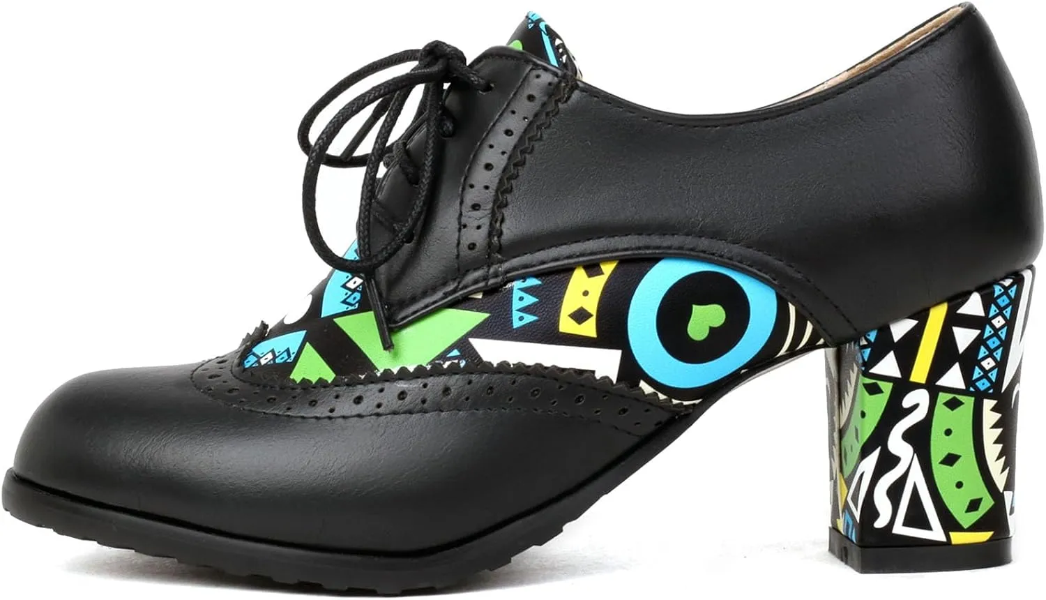 Women's Chunky Heels Oxfords Pumps Block High Heels Round Toe Lace Up Brogues Shoes