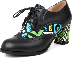 Women's Chunky Heels Oxfords Pumps Block High Heels Round Toe Lace Up Brogues Shoes