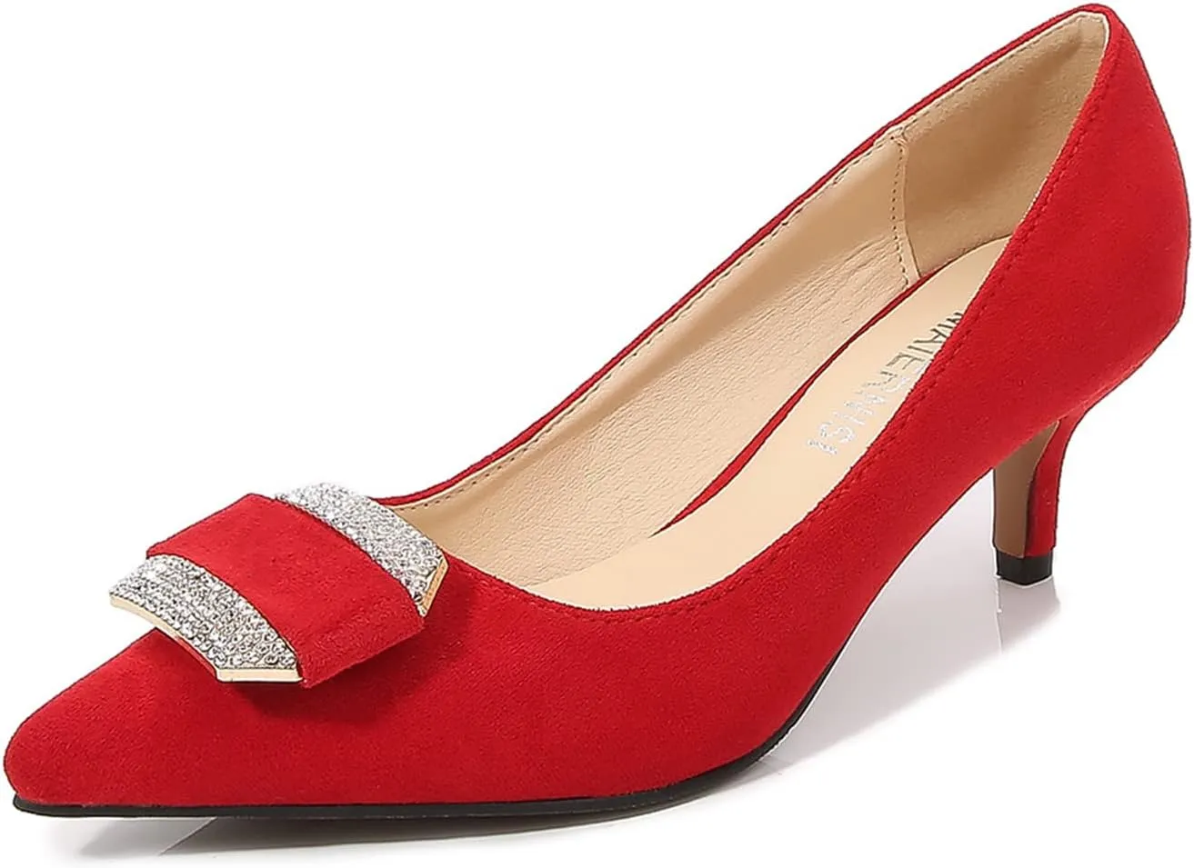 Women's Classic Suede Pointed Toe Kitten Heels Slim Slip on High Heel Pumps with Big Rhinestone Buckle Office Work Dress Shoes Low Heels,Red,42
