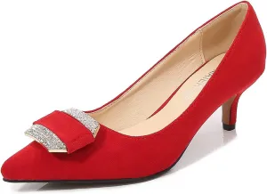 Women's Classic Suede Pointed Toe Kitten Heels Slim Slip on High Heel Pumps with Big Rhinestone Buckle Office Work Dress Shoes Low Heels,Red,42