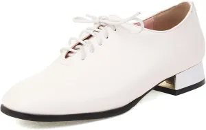 Women's Closed Square Toe Low Heel Oxford Flats Vintage Brogues Lace Up Pumps PU Leather Dress Shoes