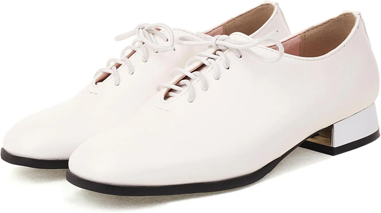 Women's Closed Square Toe Low Heel Oxford Flats Vintage Brogues Lace Up Pumps PU Leather Dress Shoes
