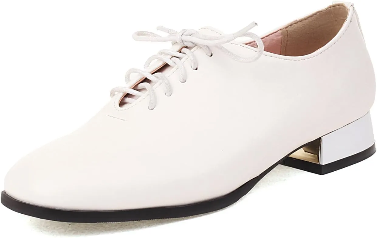 Women's Closed Square Toe Low Heel Oxford Flats Vintage Brogues Lace Up Pumps PU Leather Dress Shoes