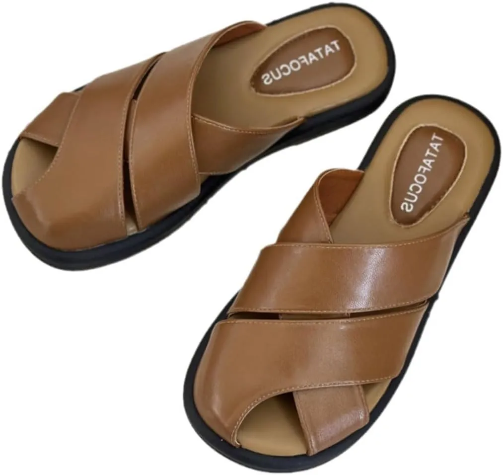 Women's Closed Toe Cross Braided Flat Mules Sandals Roman Classic Leather Comfy Slide Sandal Outdoor Non-Slip Casual Walking Shoes