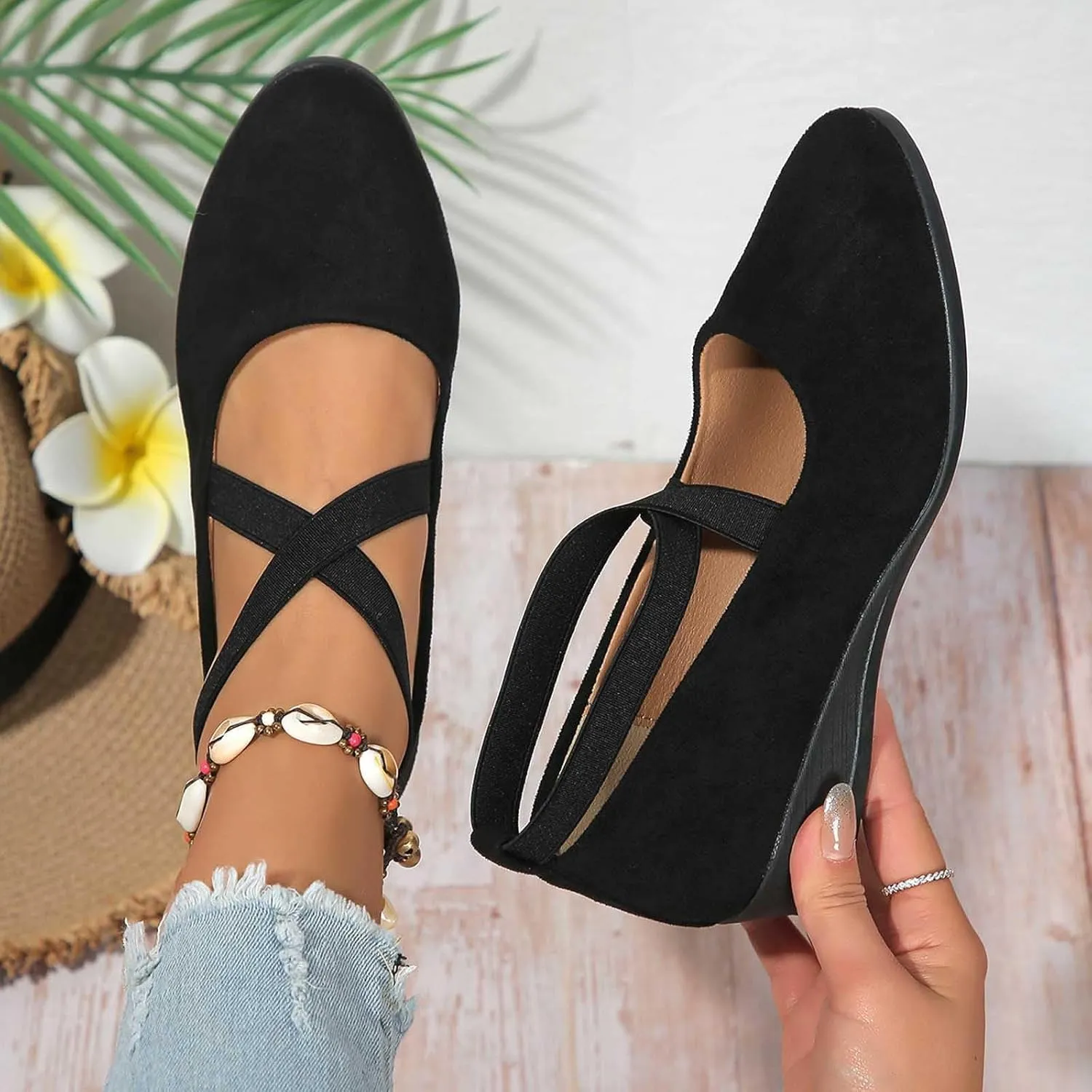 Women's Comfortable Fashion Elastic Ankle Straps Flats Shoes Pull-On Criss-Cross Ballet Girls Dress Toddler Little Gracy Mary Jane Ballerina Style Closed Toe Casual Flat with Strap