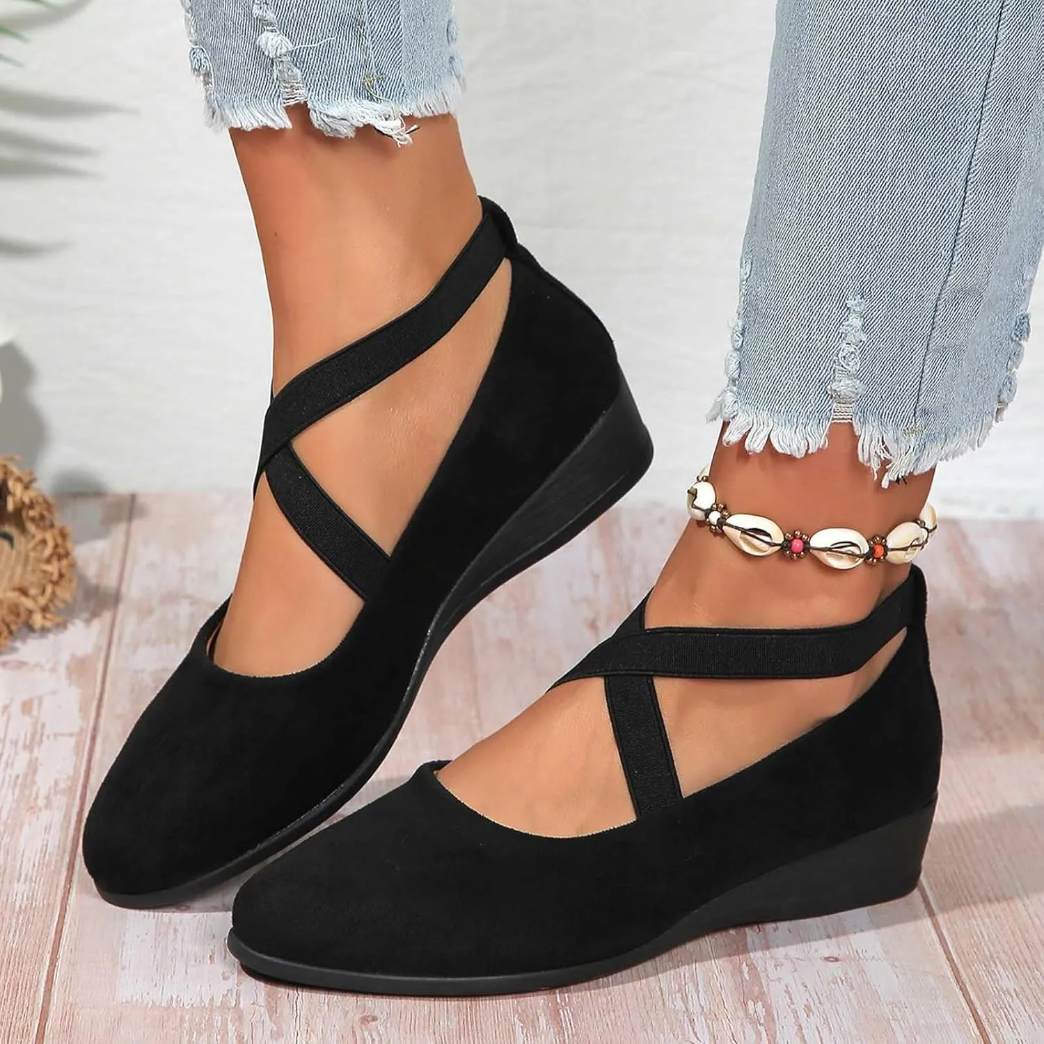 Women's Comfortable Fashion Elastic Ankle Straps Flats Shoes Pull-On Criss-Cross Ballet Girls Dress Toddler Little Gracy Mary Jane Ballerina Style Closed Toe Casual Flat with Strap