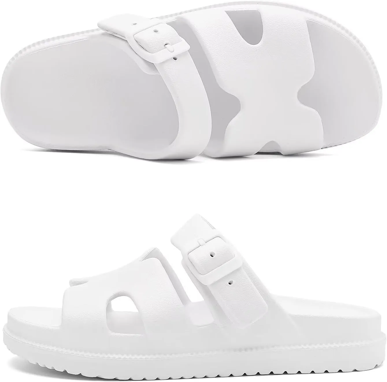 Women's Flat Sandals with Arch Support, Summer Beach Slides Adjustable Buckle, Comfort Lightweight Cushion Slip on H-Strap Sandal