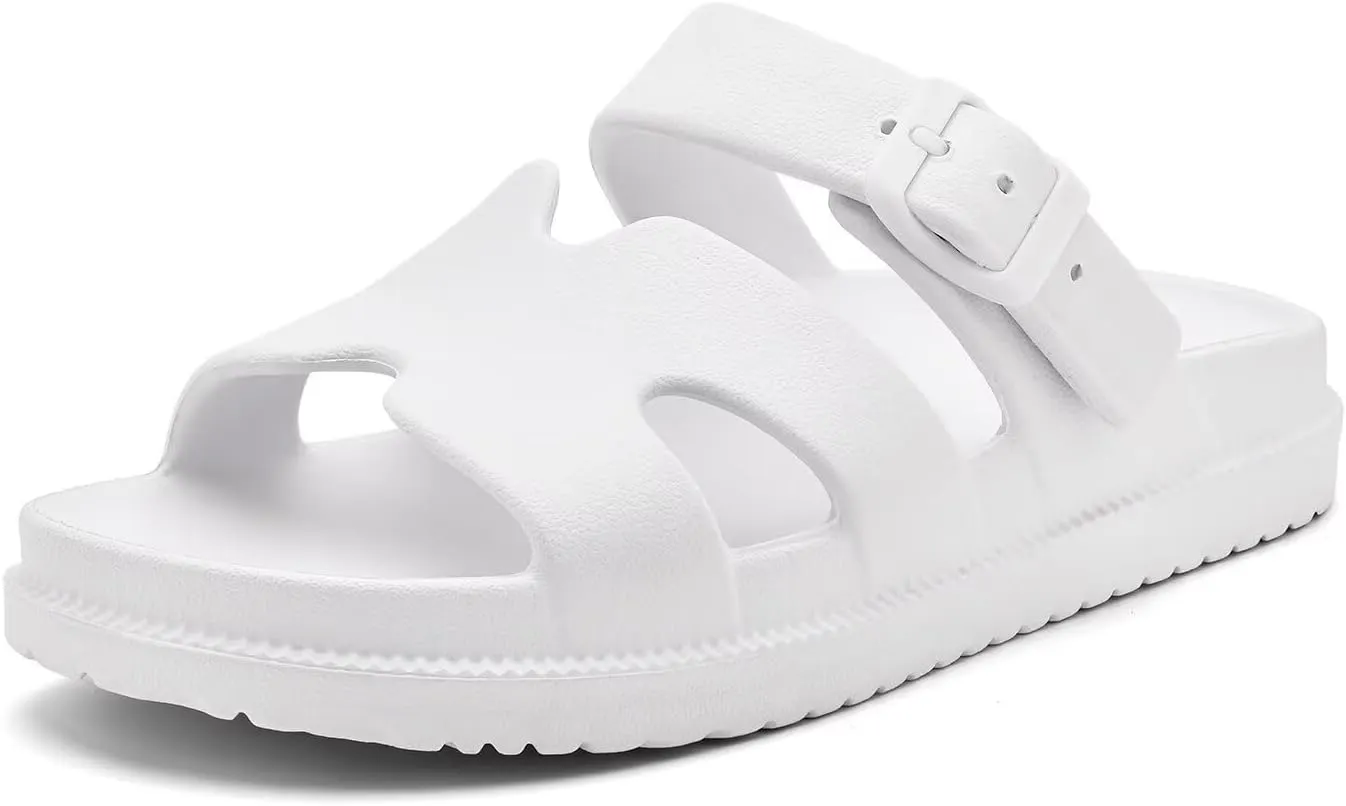Women's Flat Sandals with Arch Support, Summer Beach Slides Adjustable Buckle, Comfort Lightweight Cushion Slip on H-Strap Sandal