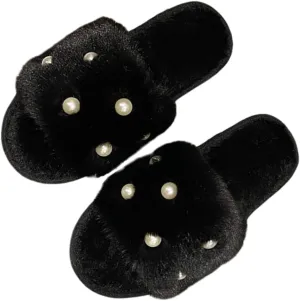 Women's Fluffy Fuzzy Slippers Memory Foam Open Toe Pearl Comfy House Slippers Cozy Faux Fur Soft Plush Home Slides Anti-Skid Indoor Outdoor Home Bedroom for Women Girls