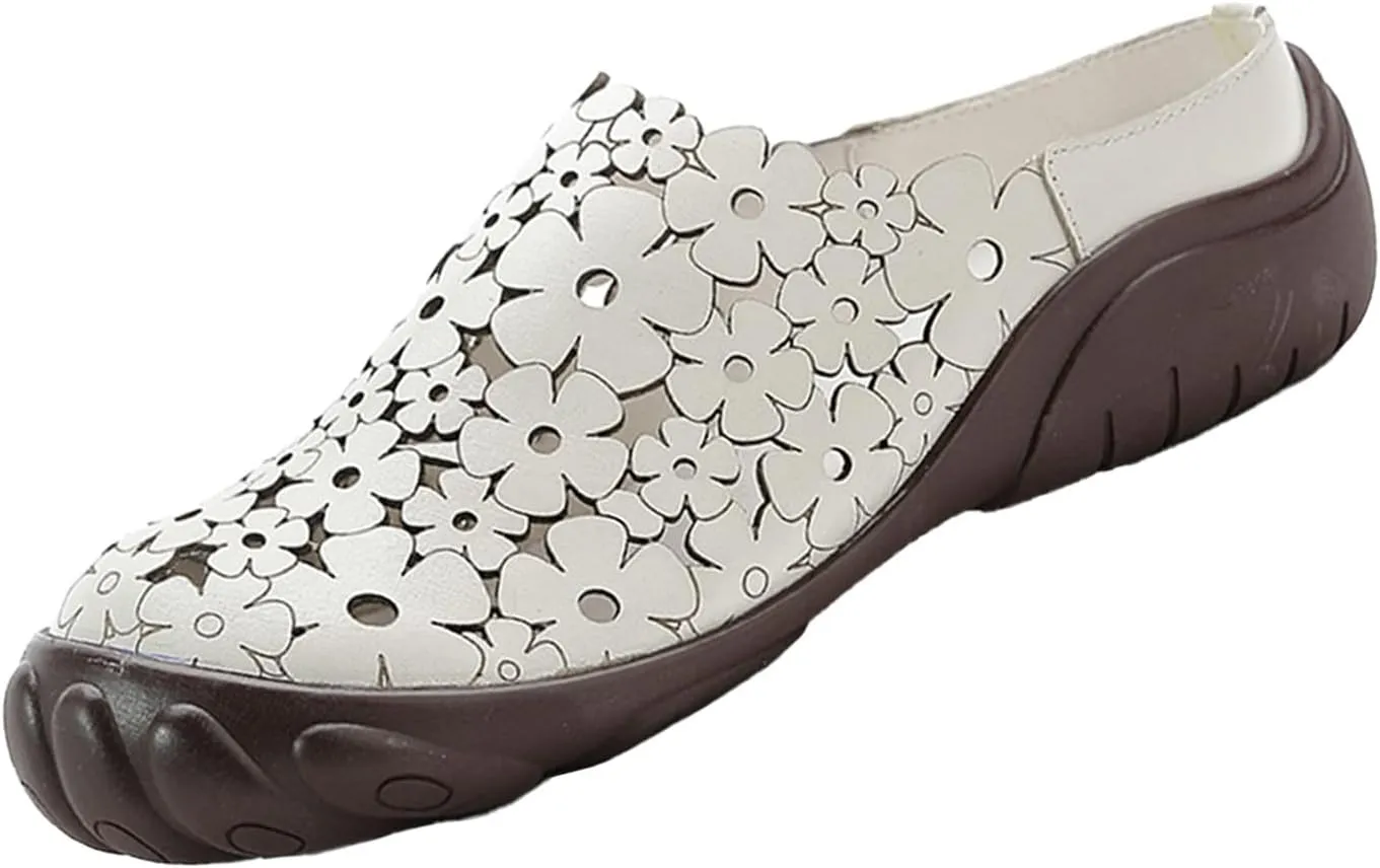 Women's Leather Cutout Wedge Mules,Vintage Orthotic Comfy Closed Toe Backless Slide Walking Clogs Ox Softsole Slippers