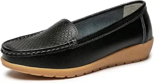 Women's Leather Loafers Driving Moccasins Casual Slip-On Boat Shoes Comfort Walking Flat Loafer for Women Wide Width