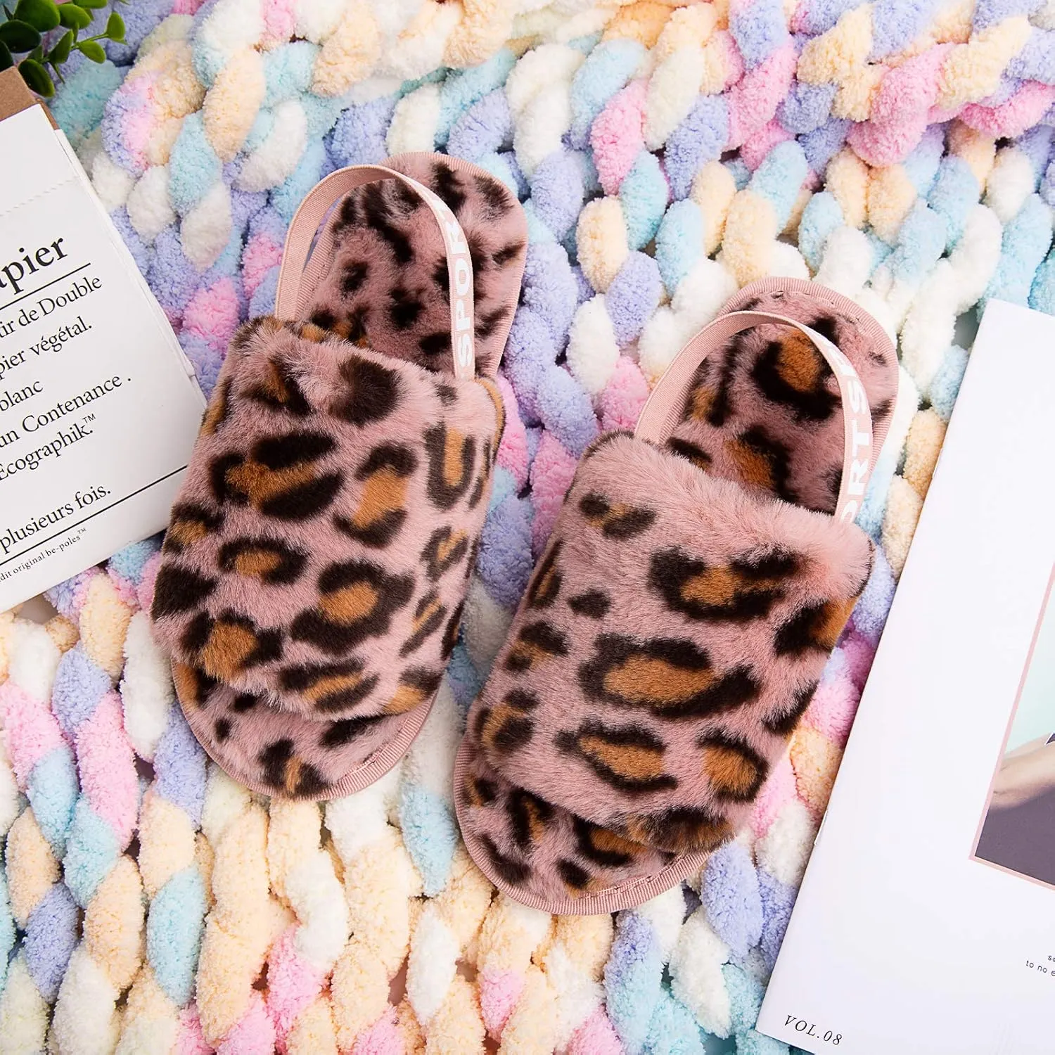 Womens Leopard Fuzzy Slippers Soft Plush Open Toe Faux Fur House Slide Sandals Indoor Spa Bedroom Flat Shoes with Elastic Strap