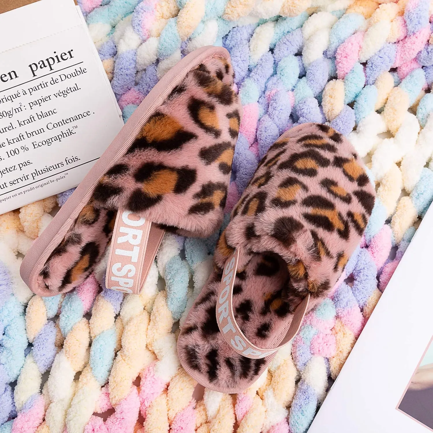 Womens Leopard Fuzzy Slippers Soft Plush Open Toe Faux Fur House Slide Sandals Indoor Spa Bedroom Flat Shoes with Elastic Strap