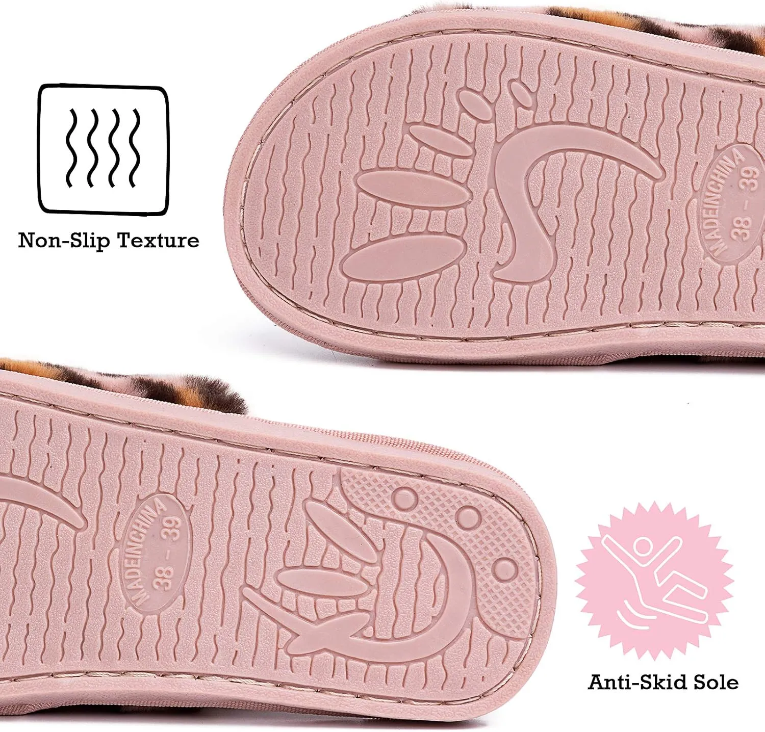 Womens Leopard Fuzzy Slippers Soft Plush Open Toe Faux Fur House Slide Sandals Indoor Spa Bedroom Flat Shoes with Elastic Strap
