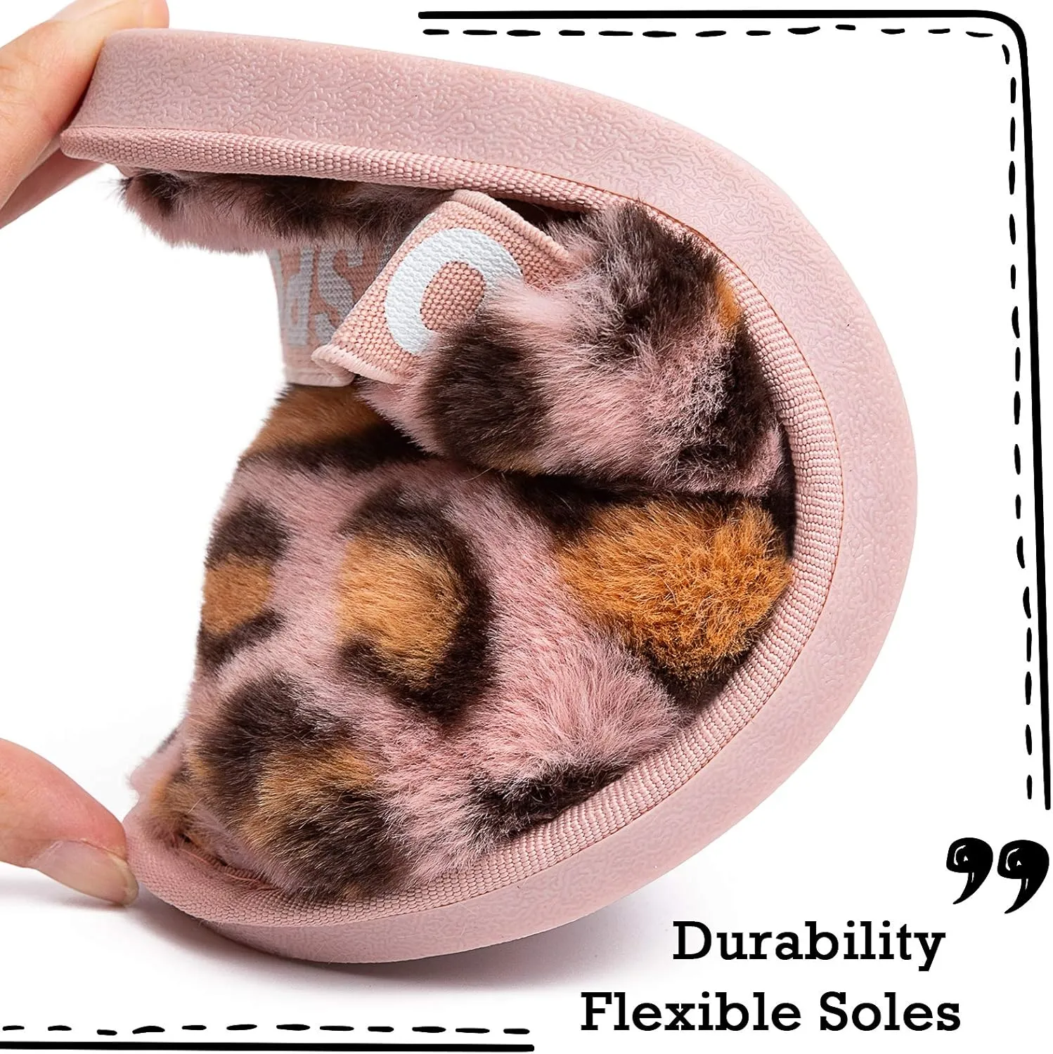 Womens Leopard Fuzzy Slippers Soft Plush Open Toe Faux Fur House Slide Sandals Indoor Spa Bedroom Flat Shoes with Elastic Strap