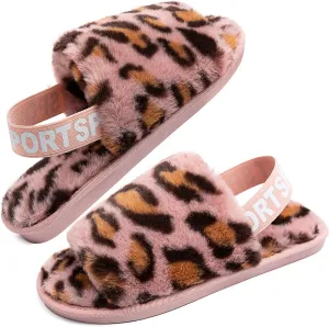 Womens Leopard Fuzzy Slippers Soft Plush Open Toe Faux Fur House Slide Sandals Indoor Spa Bedroom Flat Shoes with Elastic Strap