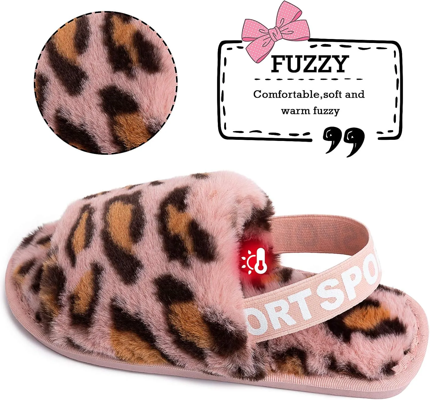 Womens Leopard Fuzzy Slippers Soft Plush Open Toe Faux Fur House Slide Sandals Indoor Spa Bedroom Flat Shoes with Elastic Strap