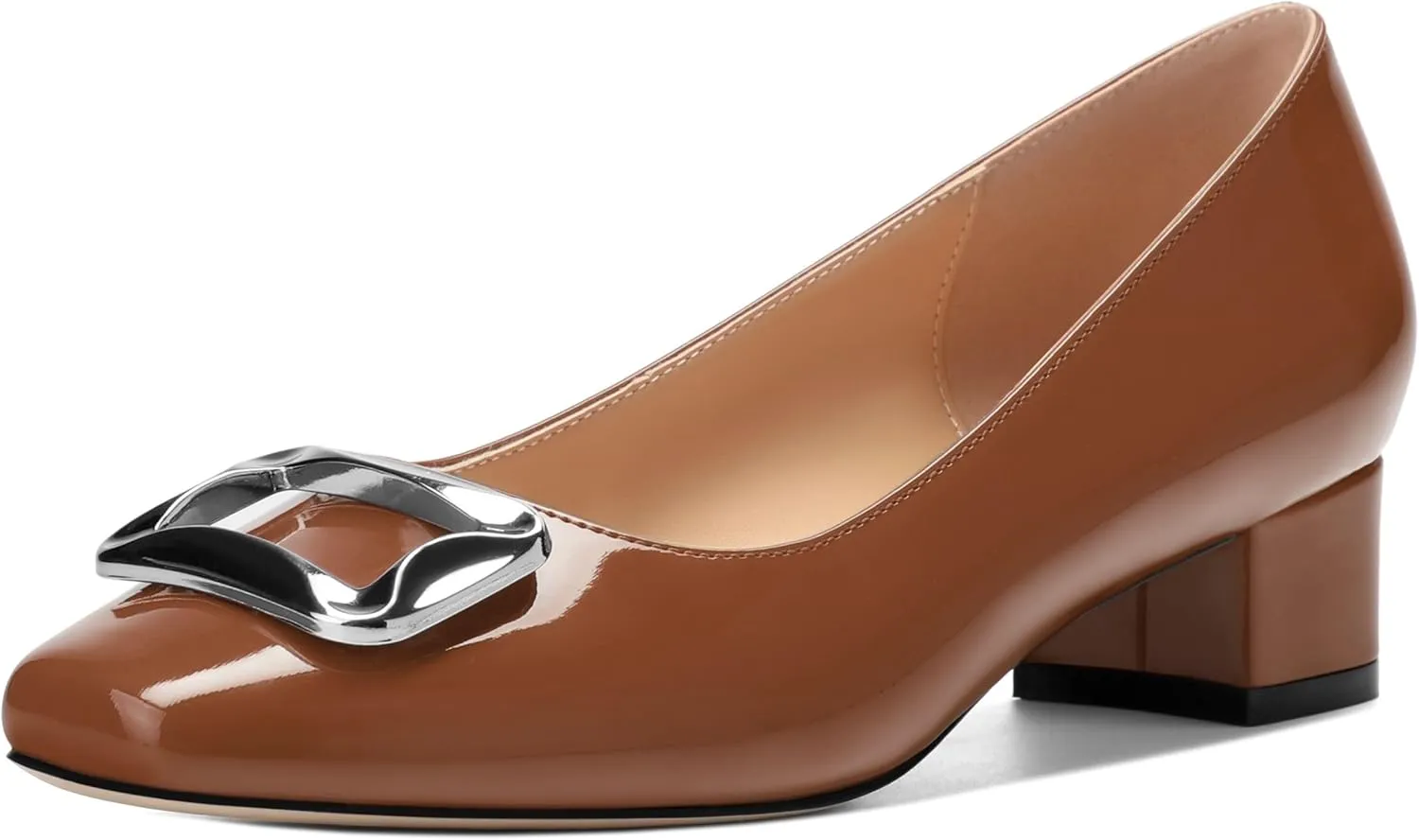 Womens Low Chunky Block Heels, Square Toe Patent Closed Toe Pumps Dress Party Wedding Shoes 1.5 Inch
