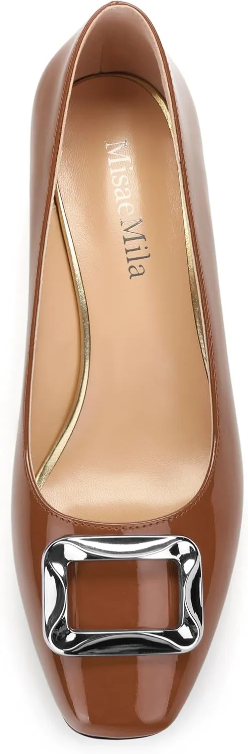 Womens Low Chunky Block Heels, Square Toe Patent Closed Toe Pumps Dress Party Wedding Shoes 1.5 Inch
