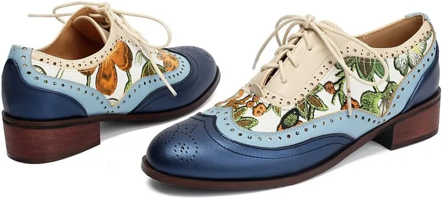 Women's Low Heels Oxford Shoes Multi-Color Perforated Lace Up Wingtip Brogues Saddle Shoes