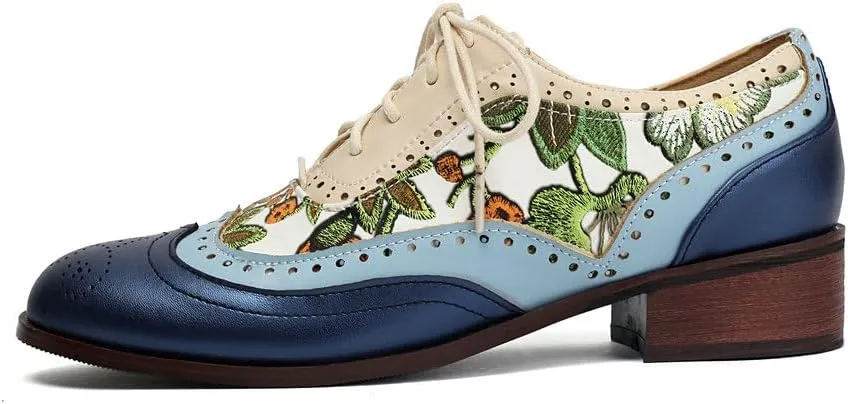 Women's Low Heels Oxford Shoes Multi-Color Perforated Lace Up Wingtip Brogues Saddle Shoes