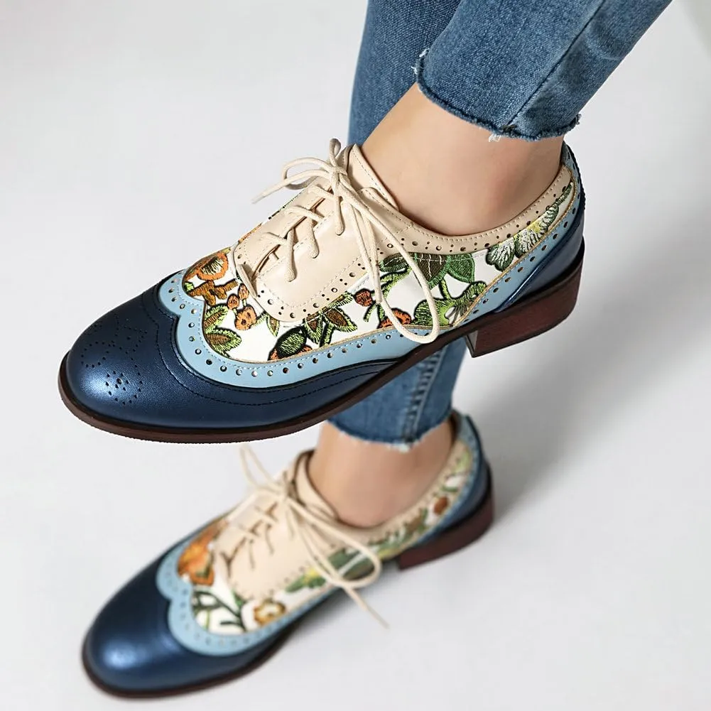 Women's Low Heels Oxford Shoes Multi-Color Perforated Lace Up Wingtip Brogues Saddle Shoes