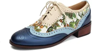 Women's Low Heels Oxford Shoes Multi-Color Perforated Lace Up Wingtip Brogues Saddle Shoes