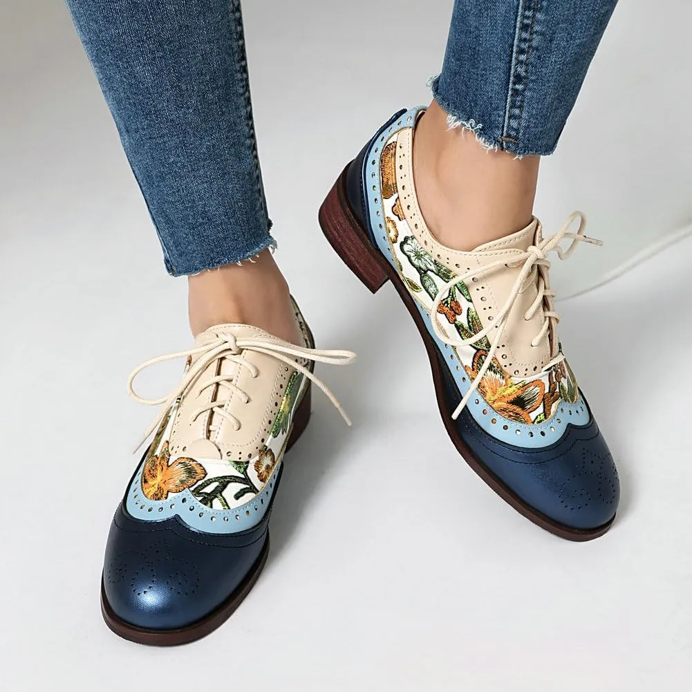 Women's Low Heels Oxford Shoes Multi-Color Perforated Lace Up Wingtip Brogues Saddle Shoes