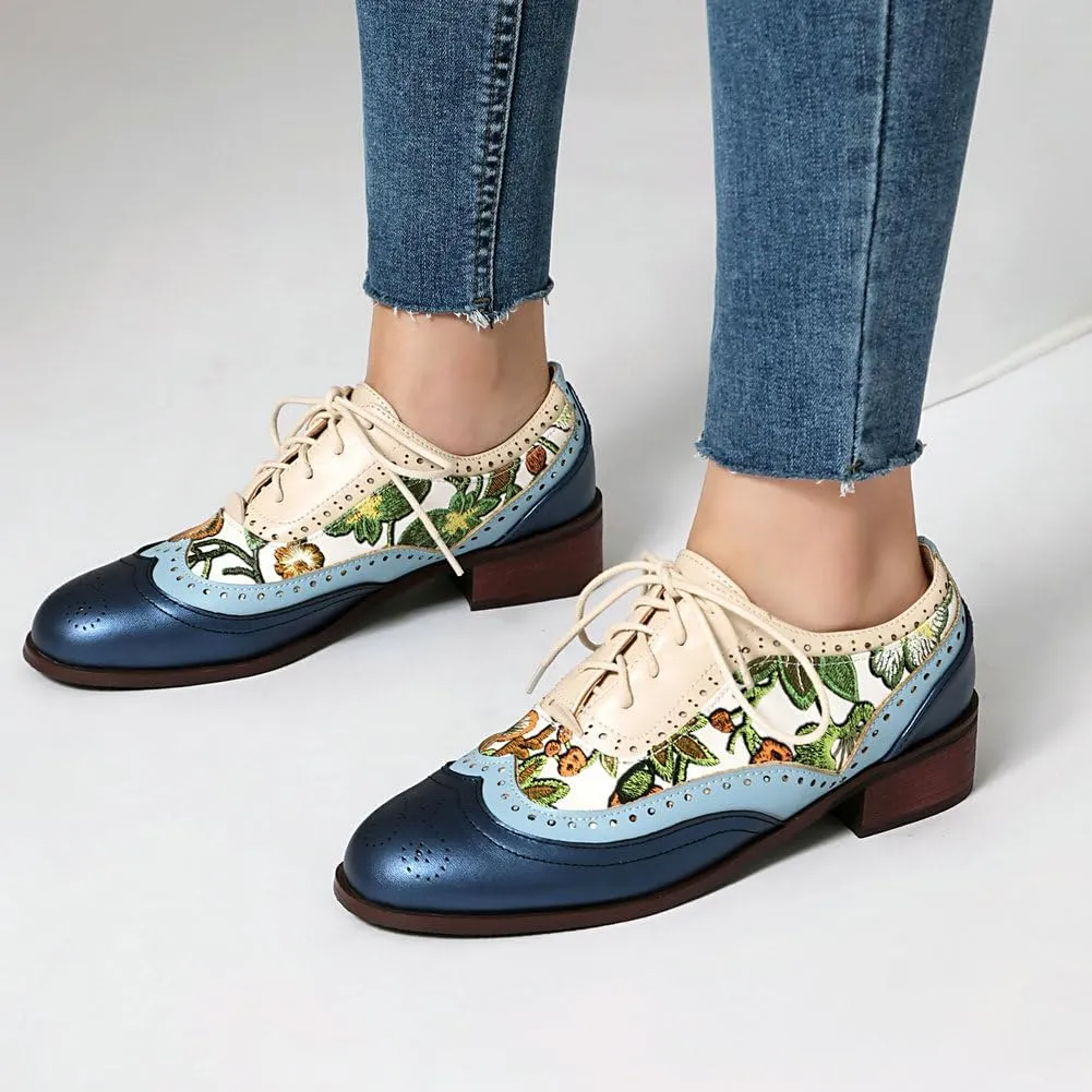 Women's Low Heels Oxford Shoes Multi-Color Perforated Lace Up Wingtip Brogues Saddle Shoes