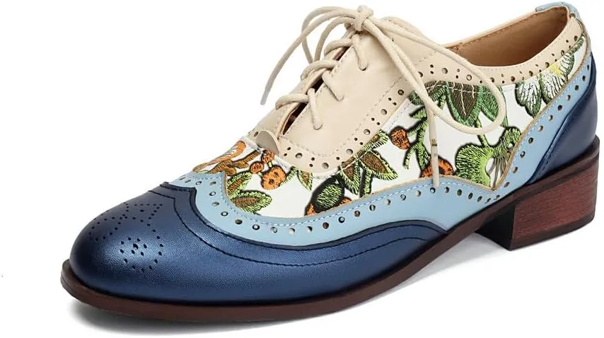 Women's Low Heels Oxford Shoes Multi-Color Perforated Lace Up Wingtip Brogues Saddle Shoes