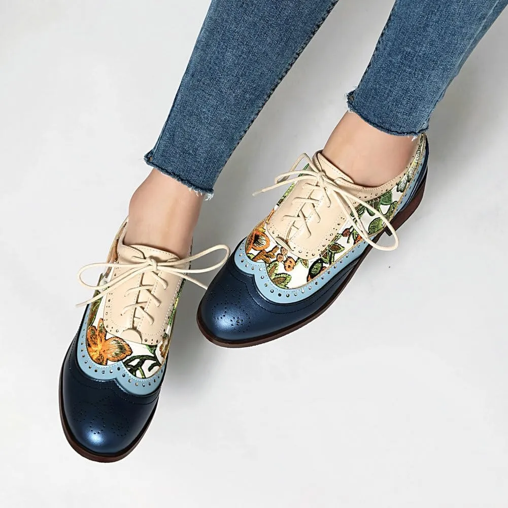Women's Low Heels Oxford Shoes Multi-Color Perforated Lace Up Wingtip Brogues Saddle Shoes